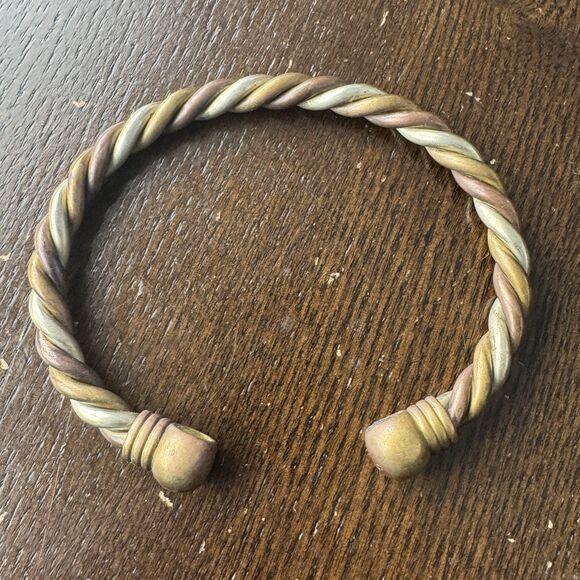 Tri Metal Cuff Bracelet Twisted Design With Ball Ends 2.75” Interior Diameter - Picture 2 of 2